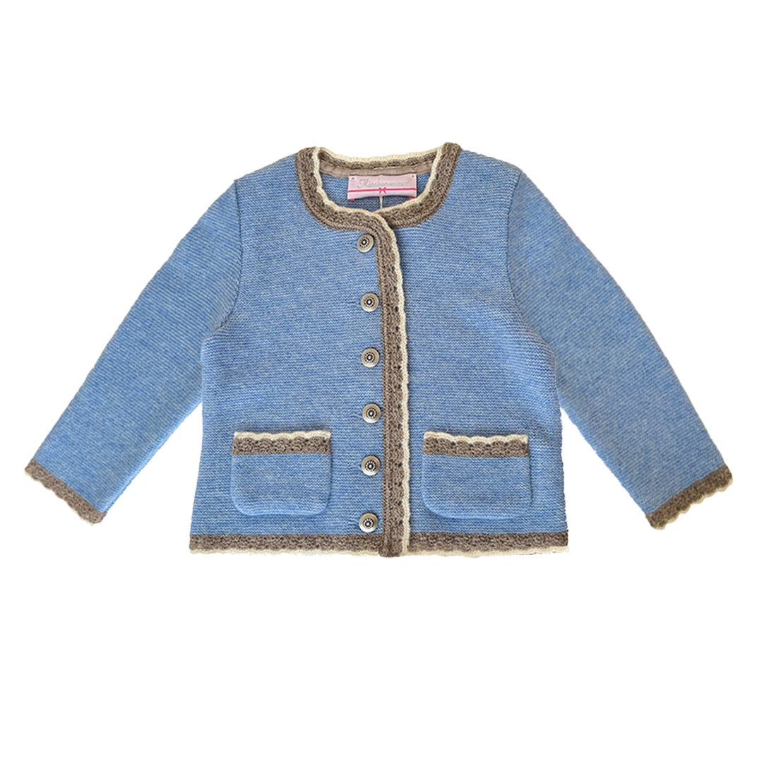 Kinder Strickjacke hellblau mit Häkelkante